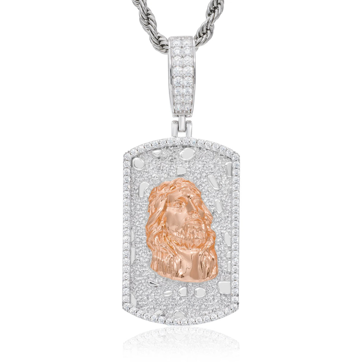 VVS1 Moissanite Two-Tone Jesus Head Dog Tag Pendant | GRA Certified | Passes Diamond Tester