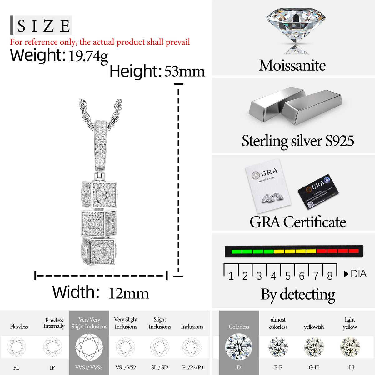 VVS1 Moissanite Rotatable CEO Dice Pendant | 925 Sterling Silver | GRA Certified | Passes Diamond Tester