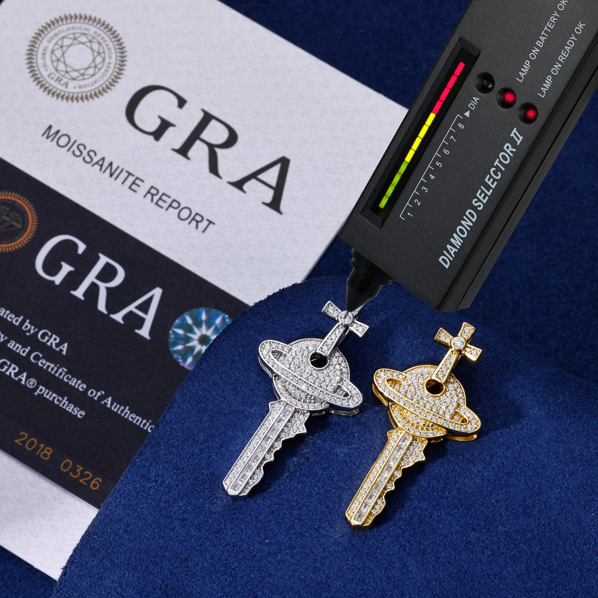 VVS1 Moissanite Cross Saturn Key Pendant | 925 Sterling Silver | GRA Certified | Passes Diamond Tester