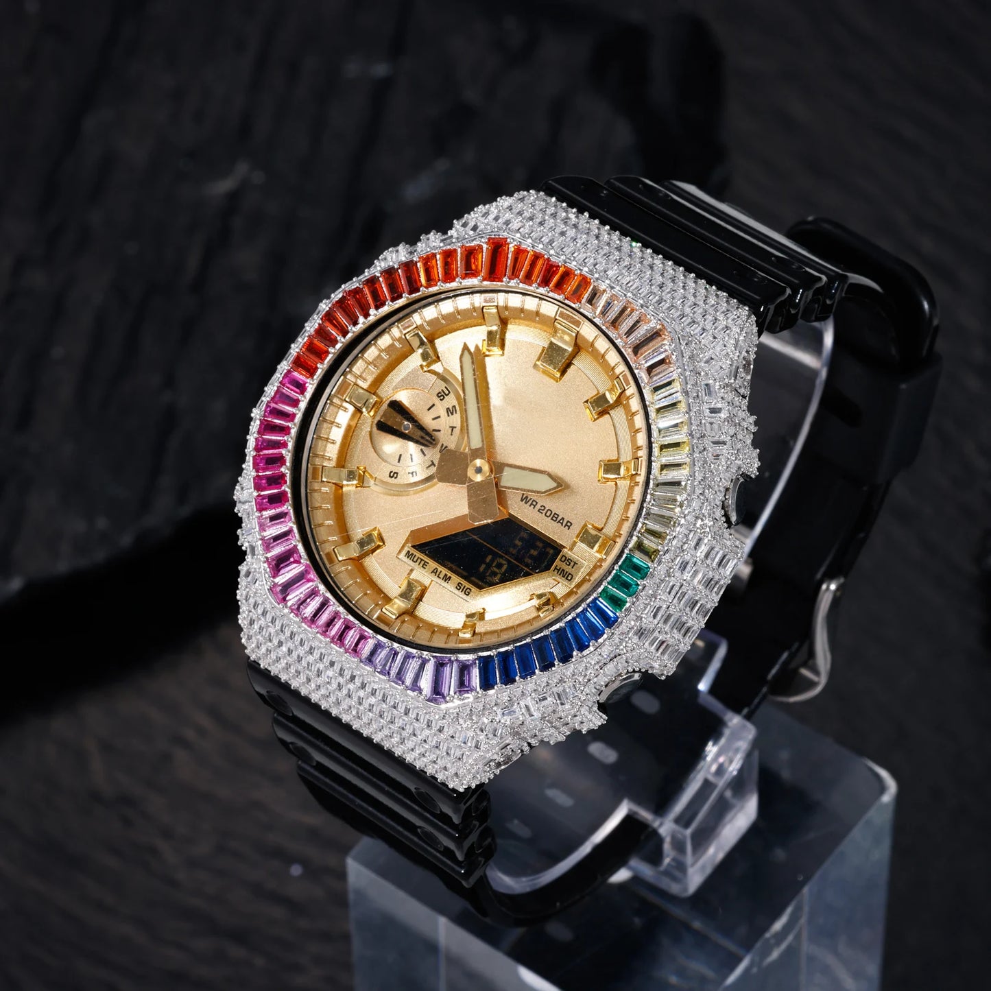 Full Baguette Rainbow VVS1 Moissanite Watch Bezel Case for GA2100 | Passes Diamond Tester | GRA Certified