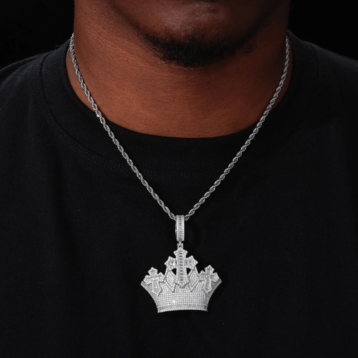 VVS1 Moissanite Crown Cross Pendant | 925 Sterling Silver | GRA Certified | Passes Diamond Tester