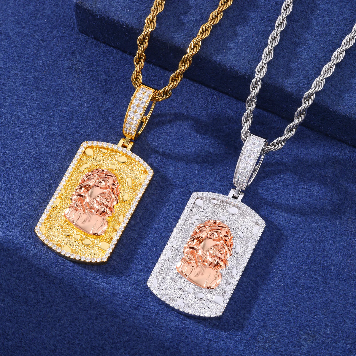 VVS1 Moissanite Two-Tone Jesus Head Dog Tag Pendant | GRA Certified | Passes Diamond Tester