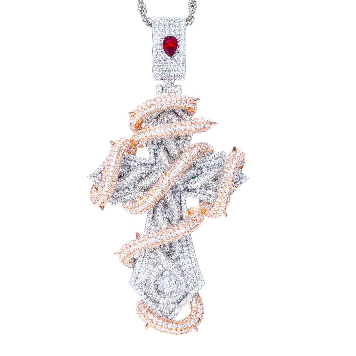 Buss Down Thorn Cross Pendant | VVS1 Moissanite Iced Out | 2-Tone | Passes Diamond Tester | GRA Certified | Hip Hop Jewelry