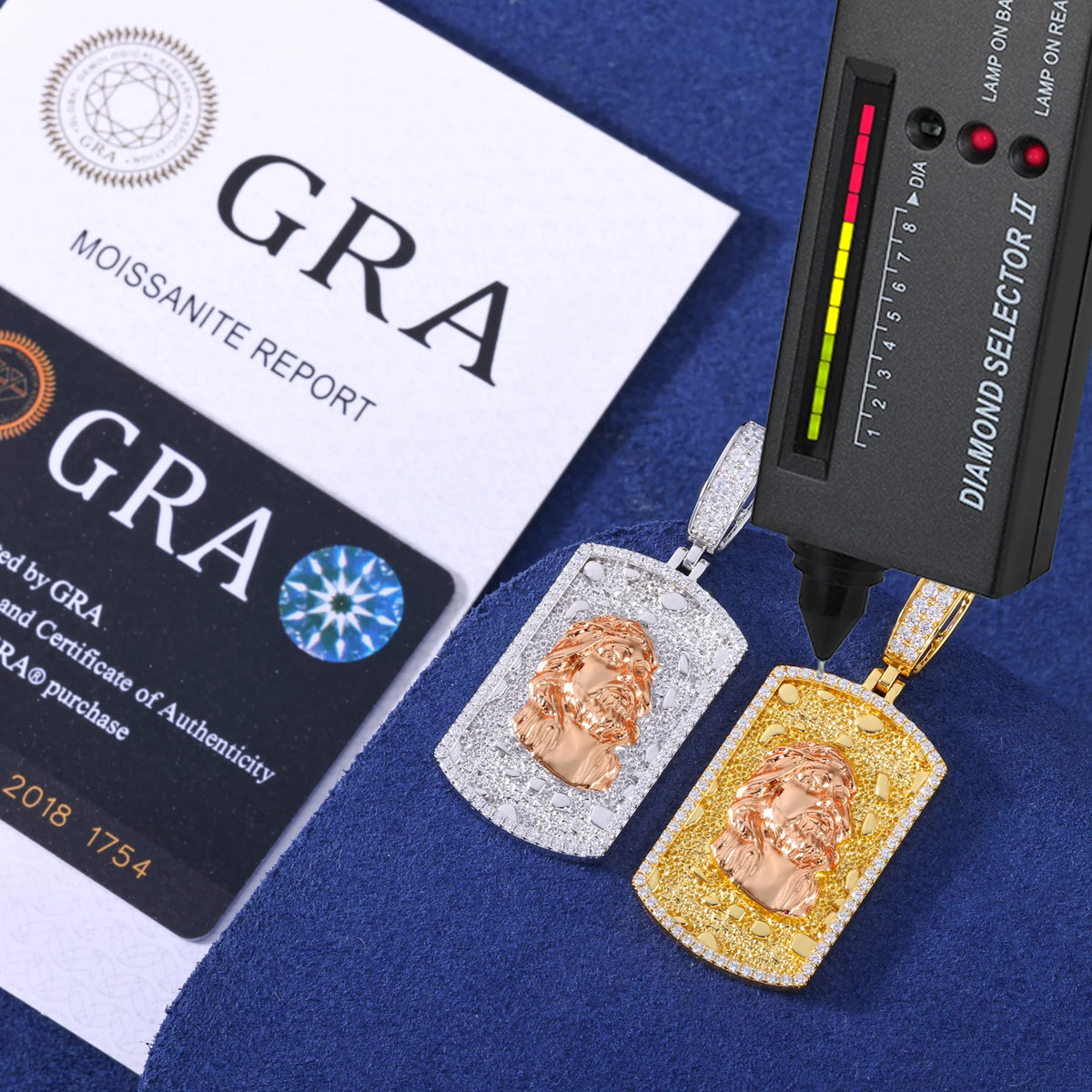 VVS1 Moissanite Two-Tone Jesus Head Dog Tag Pendant | GRA Certified | Passes Diamond Tester