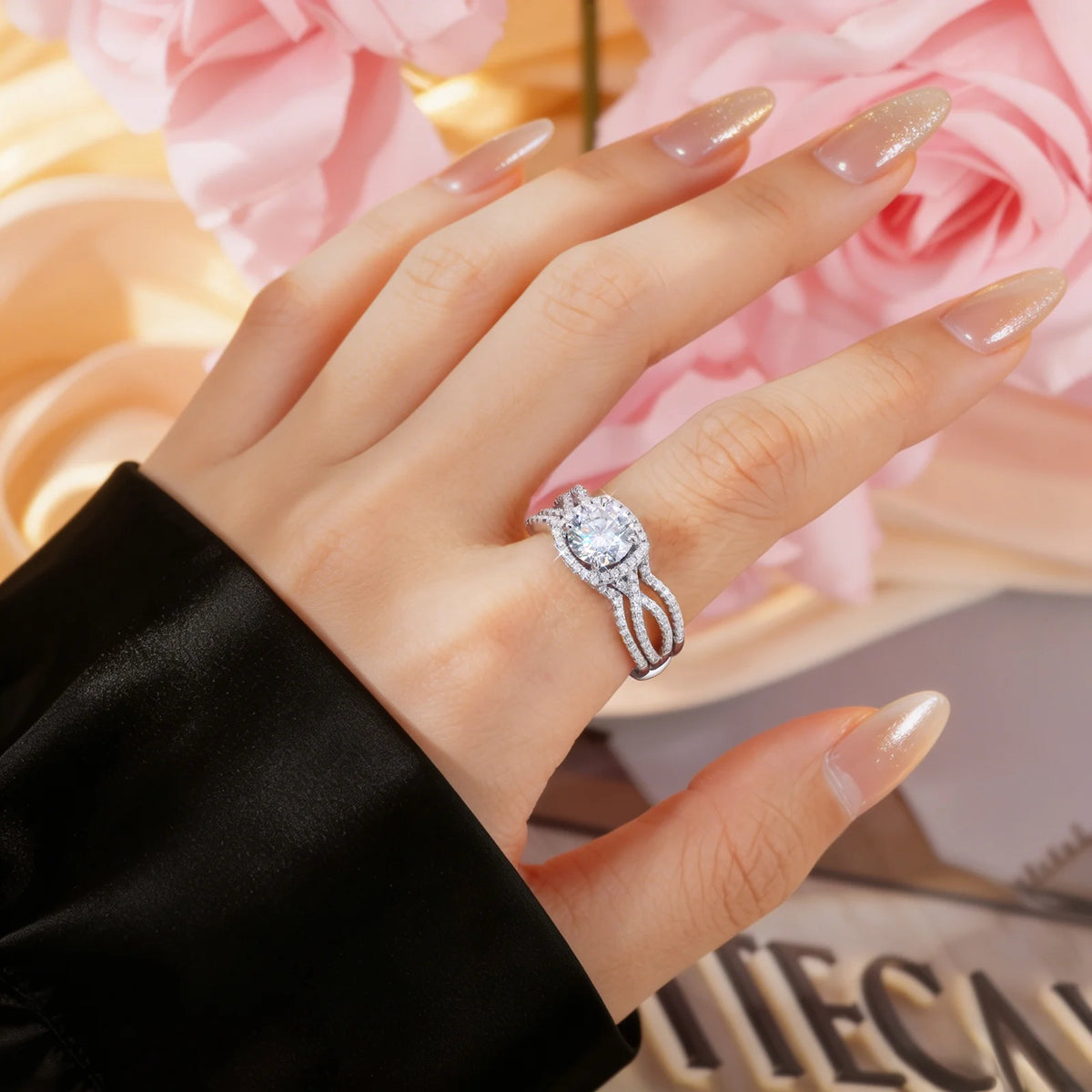 Bow Halo VVS1 Moissanite Engagement Ring | 925 Sterling Silver | GRA Certified | Passes Diamond Tester