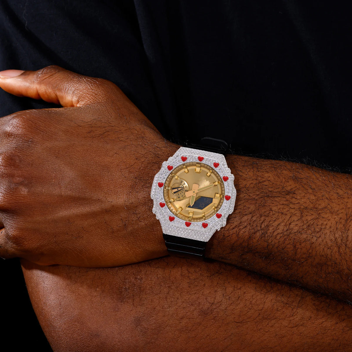 GA2100 G-Shock Buss Down VVS1 Moissanite Red Enamel Heart Watch Case | Passes Diamond Tester