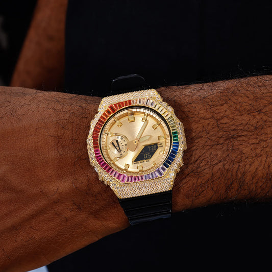 Full Baguette Rainbow VVS1 Moissanite Watch Bezel Case for GA2100 | Passes Diamond Tester | GRA Certified