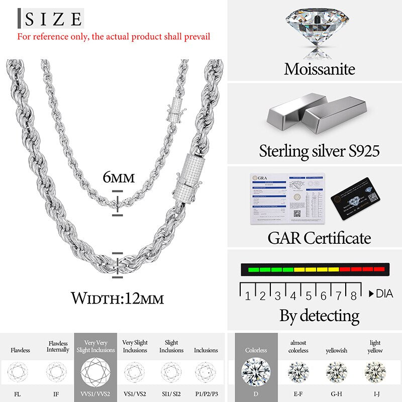 925 Sterling Silver 6MM/12MM Twist Rope Chain With VVS1 Moissanite Clasp