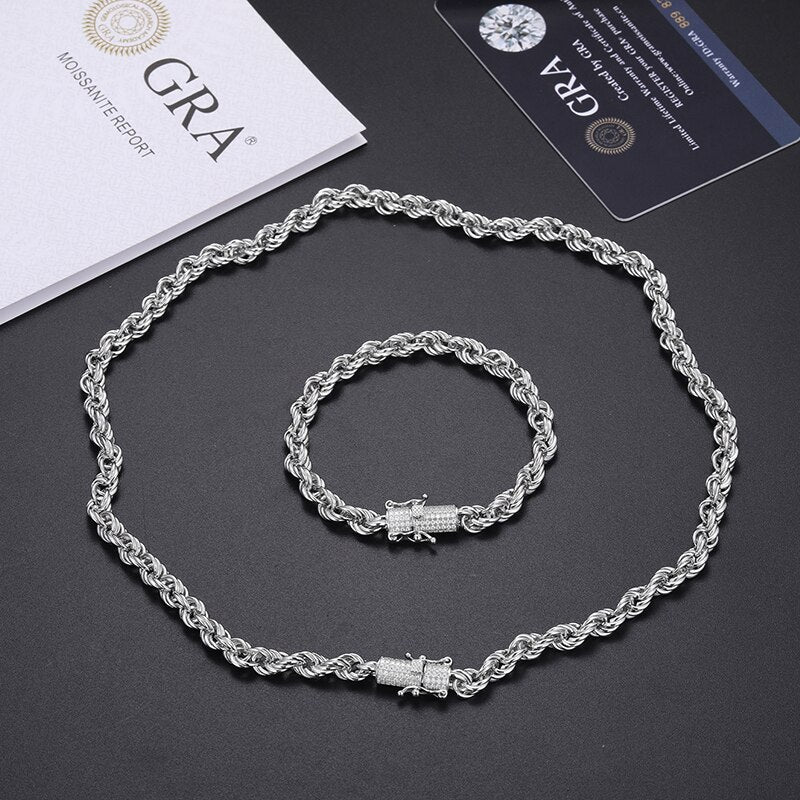 925 Sterling Silver 6MM/12MM Twist Rope Chain With VVS1 Moissanite Clasp