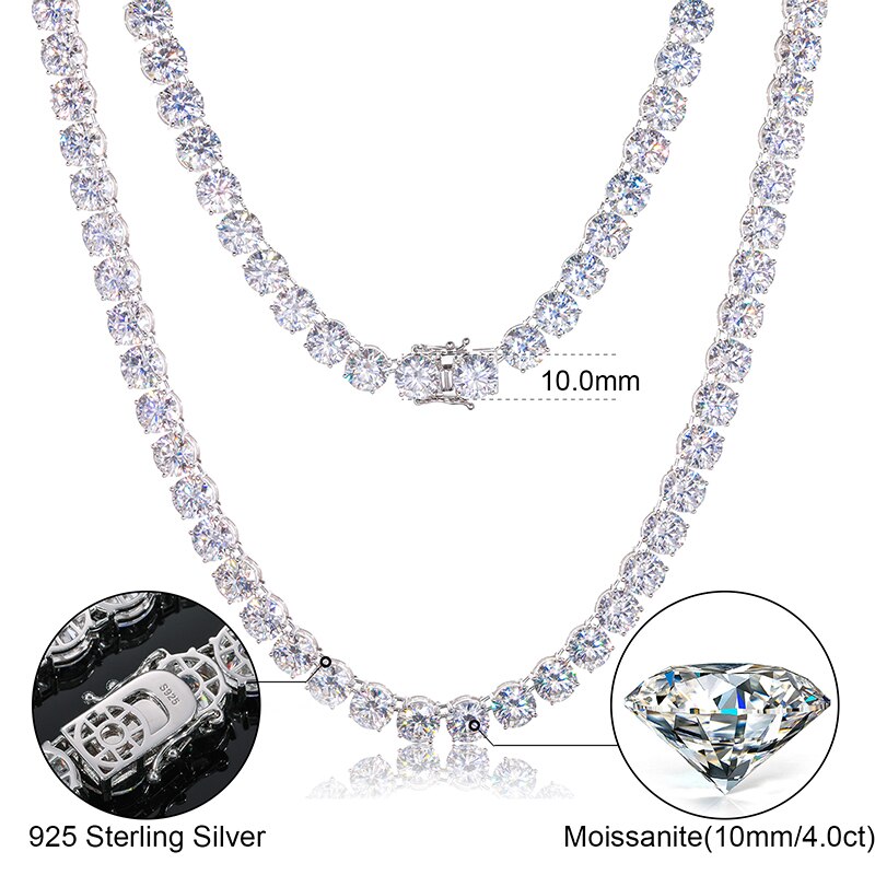 10mm VVS1 Moissanite Tennis Chain Necklace 925 Sterling Silver