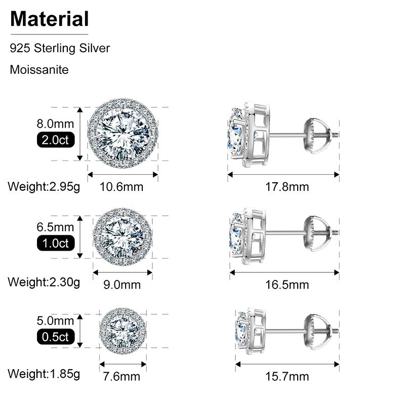 925 Sterling Silver Real 0.5-2CT VVS1 Moissanite Round Stud Earrings