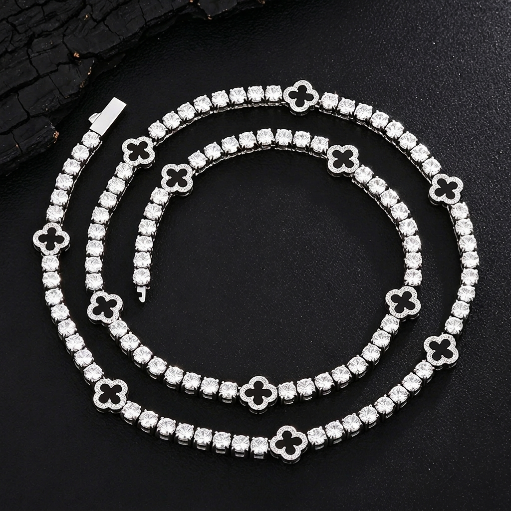 VVS1 Moissanite Four Leaf Clover Tennis Chain | Stainless Steel | Passes Diamond Tester