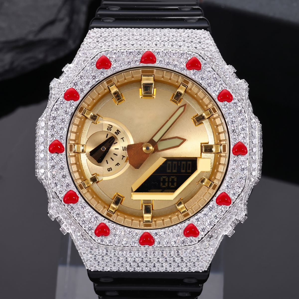 GA2100 G-Shock Buss Down VVS1 Moissanite Red Enamel Heart Watch Case | Passes Diamond Tester