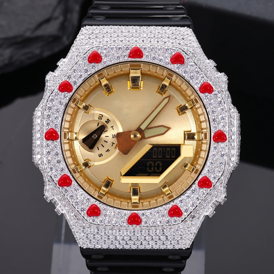 GA2100 G-Shock Buss Down VVS1 Moissanite Red Enamel Heart Watch Case | Passes Diamond Tester