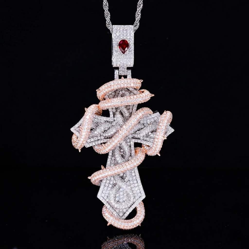 Buss Down Thorn Cross Pendant | VVS1 Moissanite Iced Out | 2-Tone | Passes Diamond Tester | GRA Certified | Hip Hop Jewelry