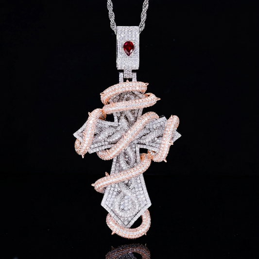 Buss Down Thorn Cross Pendant | VVS1 Moissanite Iced Out | 2-Tone | Passes Diamond Tester | GRA Certified | Hip Hop Jewelry
